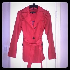 Red hooded rain coat with belt